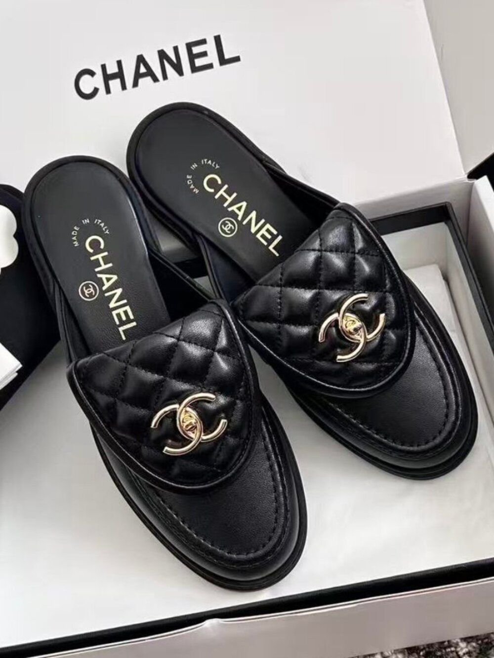 Chanel Black Quilted CC Turnlock Leather Mules